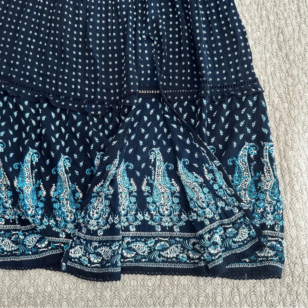 NEW! BILA Nola Tiered Maxi Skirt Boho Indian Block Print Blue Paisley Size L